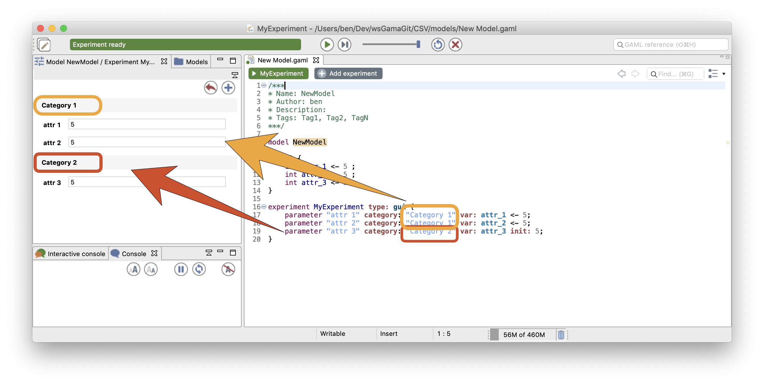 The Parameter view with several categories.