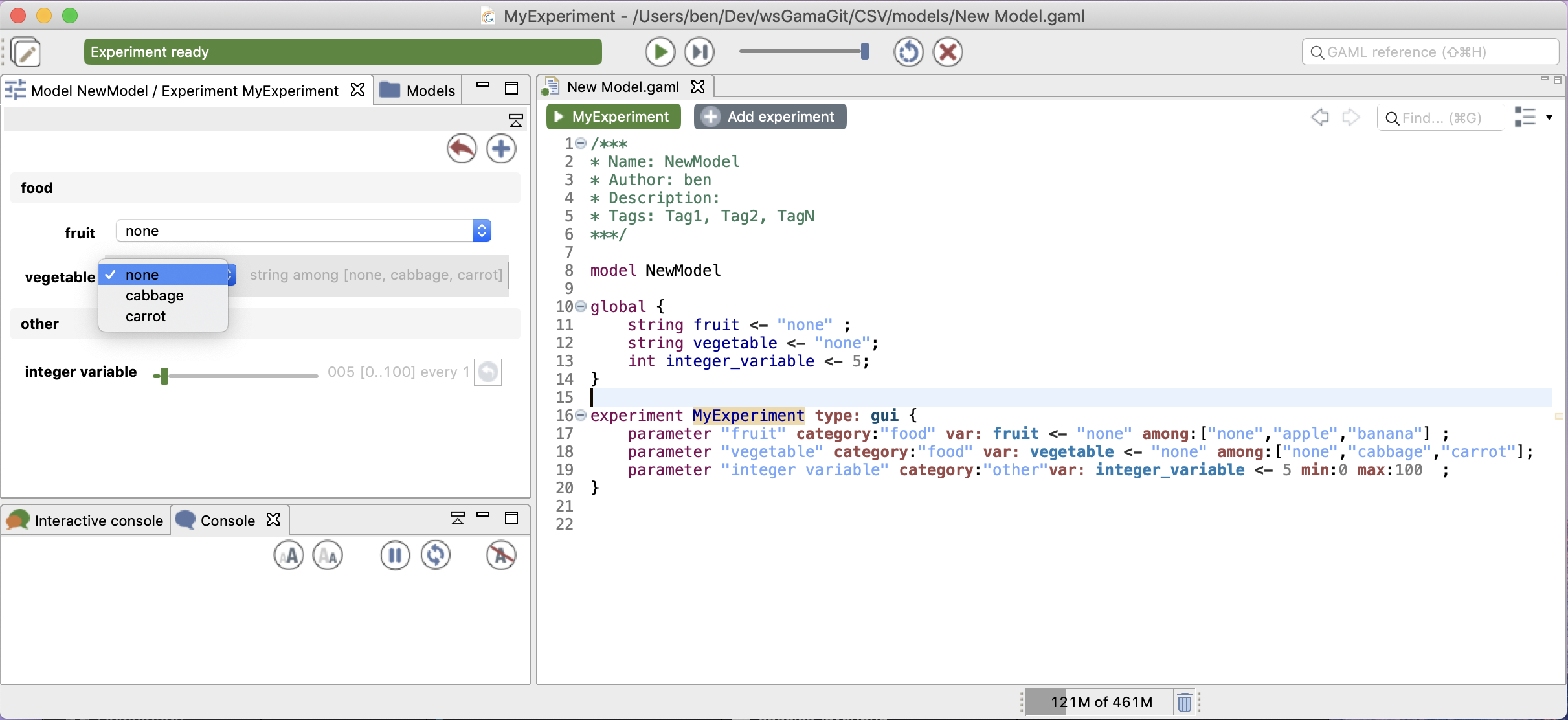 Parameter View with parameters defined with possible values.