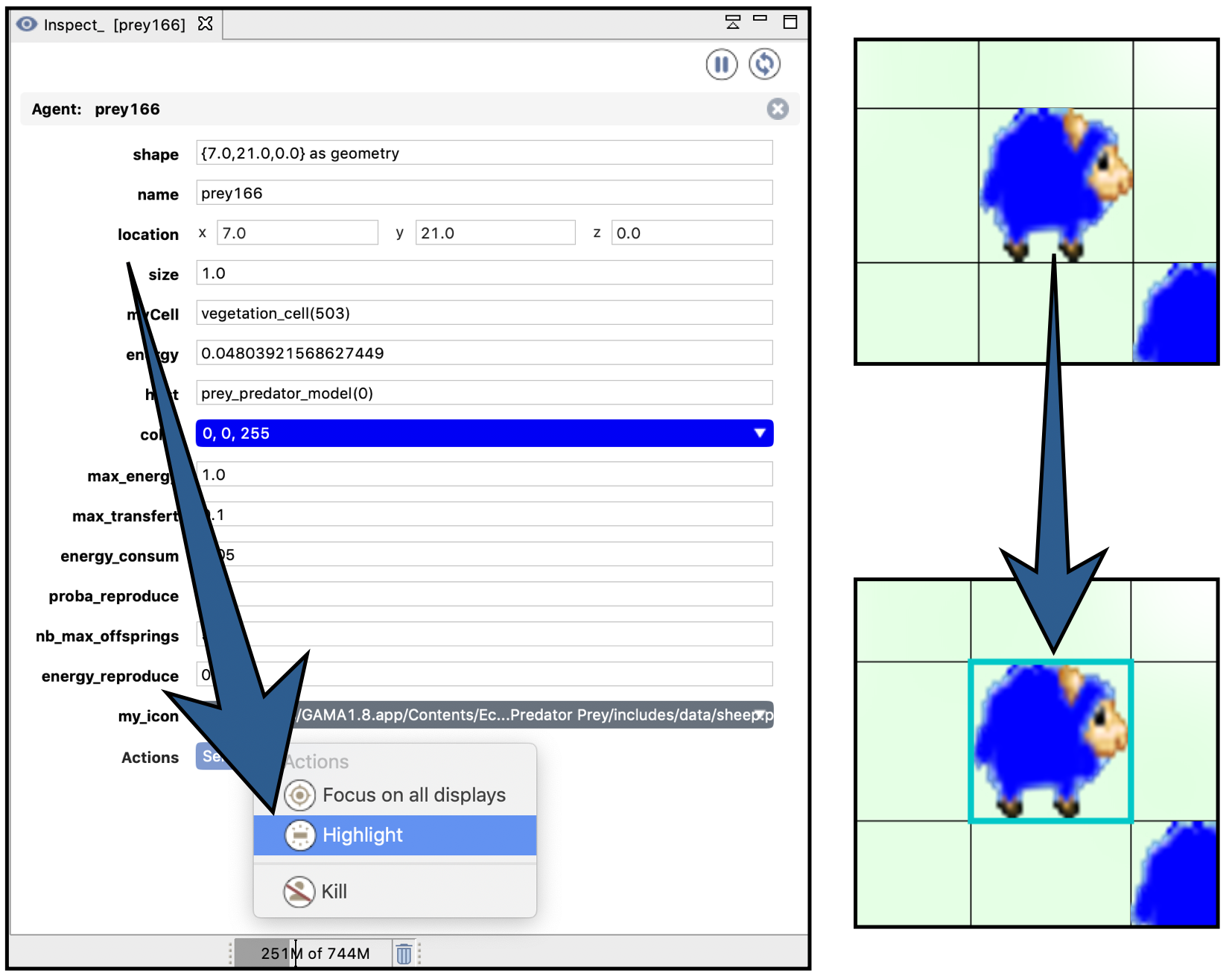 Inspector view allows the modeler to focus on the inspected agent and to highlight it.