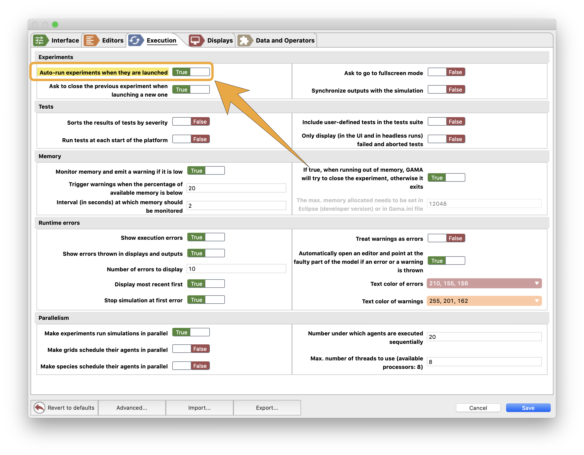 Preferences to activate the auto-run of experiments.