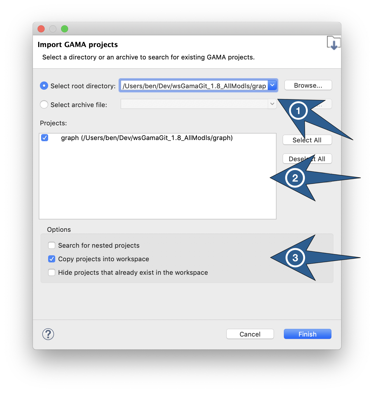 Dialog box to import a project.