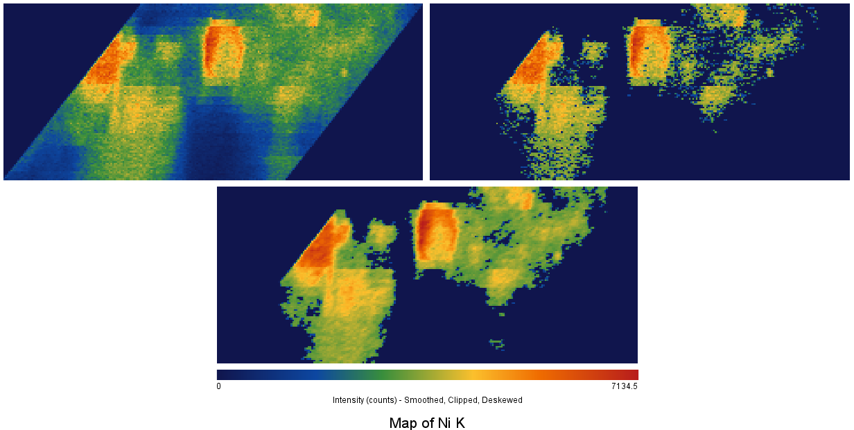 Comparison of mapping of a nickel intensity distribution before and after being treated with the low signal removal filter